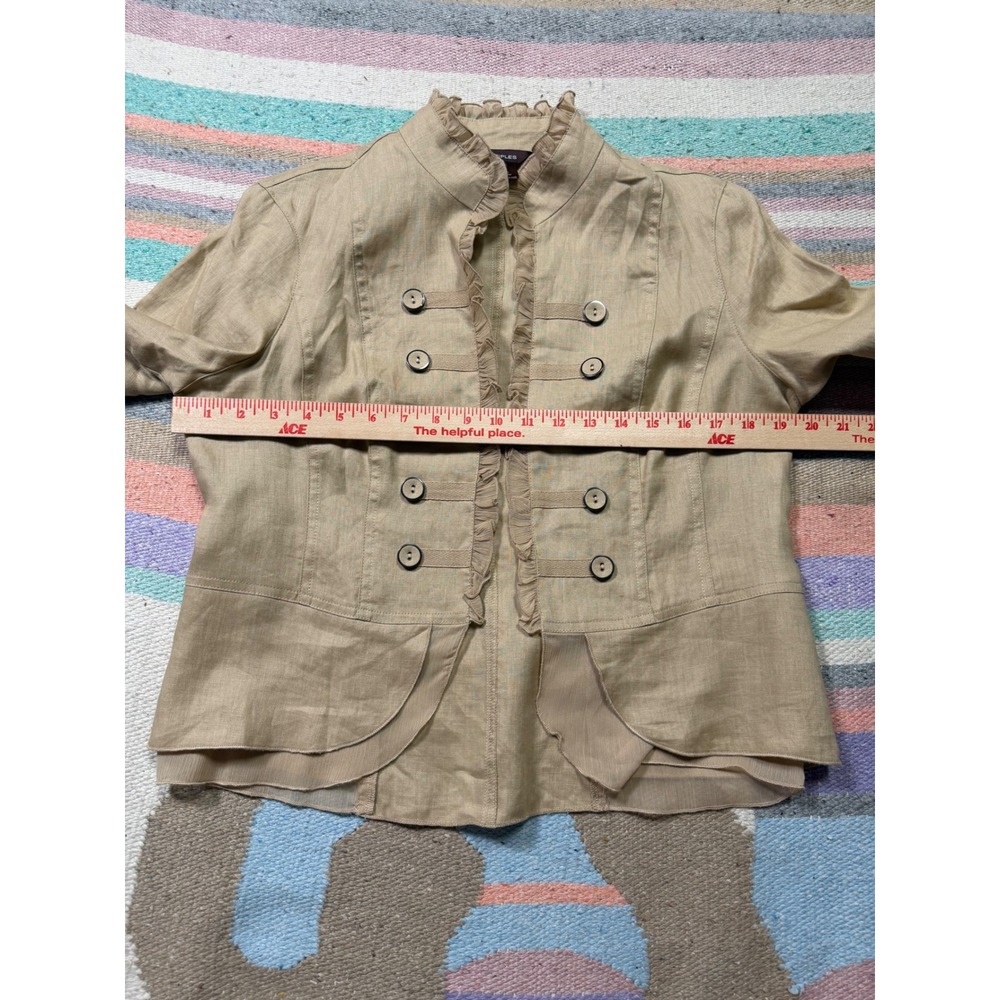 Multiples Linen Military Jacket Petite Medium Beige Ruffle Trim Open Front - Picture 4 of 5